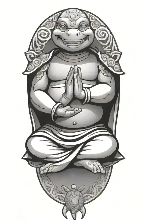 Buddhist Turtle Is A Monk, wearing a Cape, Beaded Necklace. Praying Hands. Eyes Closed. Smiling, Peace, surrounding aura tattoo design idea