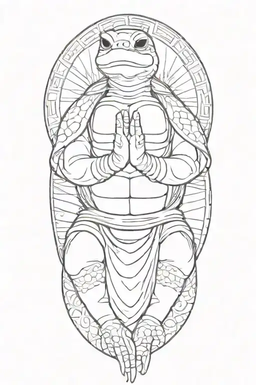 Buddhist turtle wearing cape and beaded necklace. praying. Eyes closed.  Smiling at peace Surrounding rays of light tattoo design idea