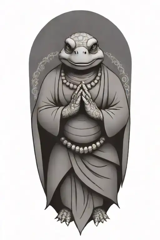Buddhist Turtle Is A Monk, wearing a Cape, Beaded Necklace. Praying Hands. Eyes Closed. Smiling, Peace, surrounding aura tattoo design idea