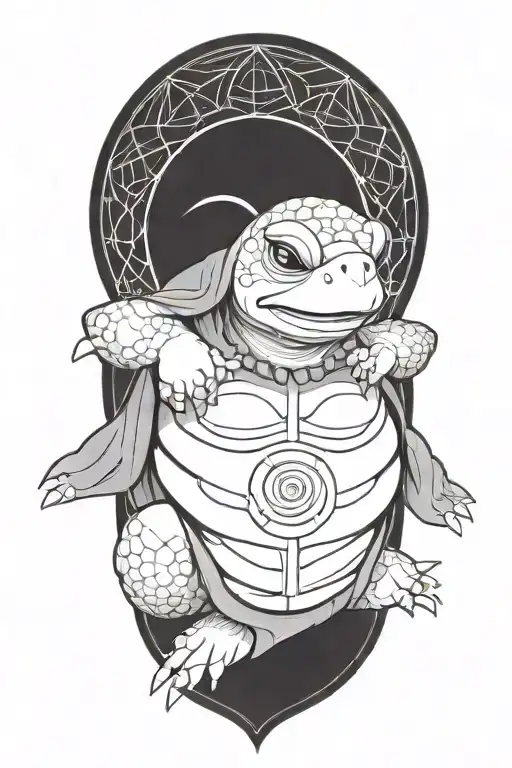Buddhist Turtle Is A Monk, wearing a Cape, Beaded Necklace. Praying Hands. Eyes Closed. Smiling, Peace, surrounding aura tattoo design idea