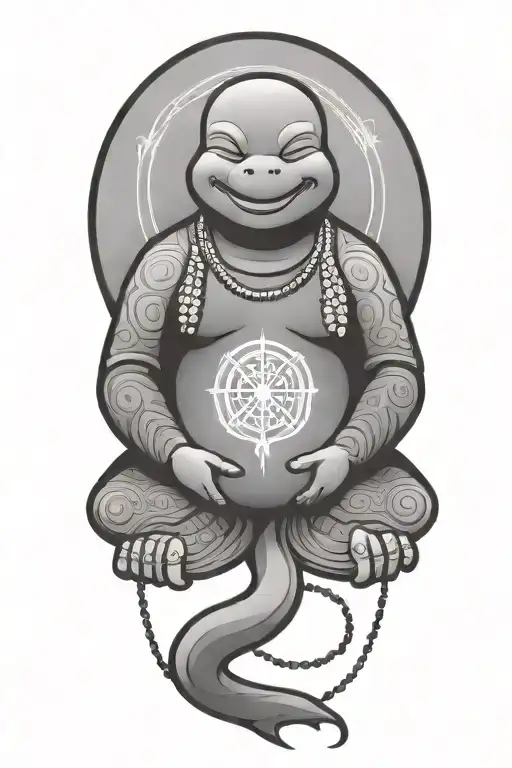 Buddhist Turtle Is A Monk, wearing a Cape, Beaded Necklace. Praying Hands. Eyes Closed. Smiling, Peace, surrounding aura tattoo design idea