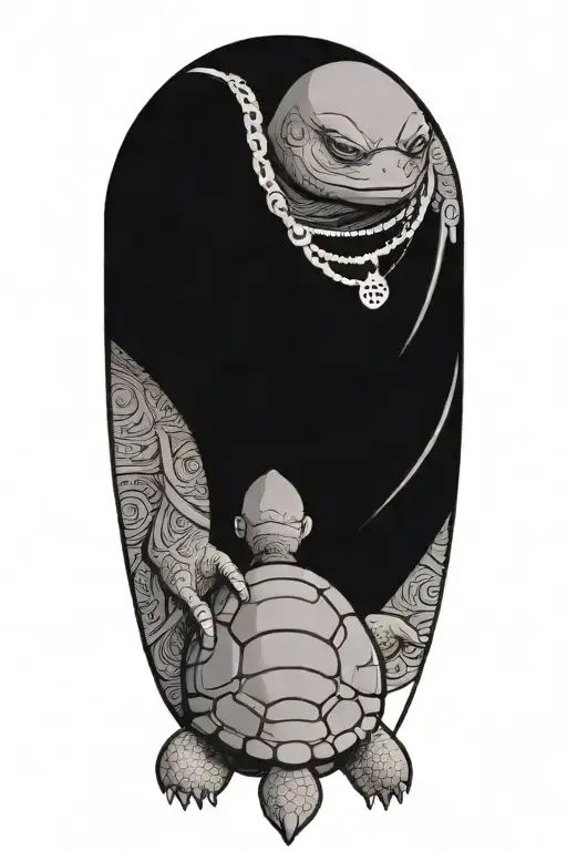 Buddhist Turtle Is A Monk, wearing a Cape, Beaded Necklace. Praying Hands. Eyes Closed. Smiling, Peace, surrounding aura tattoo design idea