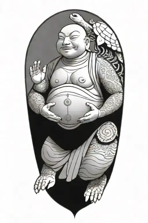 Buddhist Turtle Is A Monk, wearing a Cape, Beaded Necklace. Praying Hands. Eyes Closed. Smiling, Peace, surrounding aura tattoo design idea