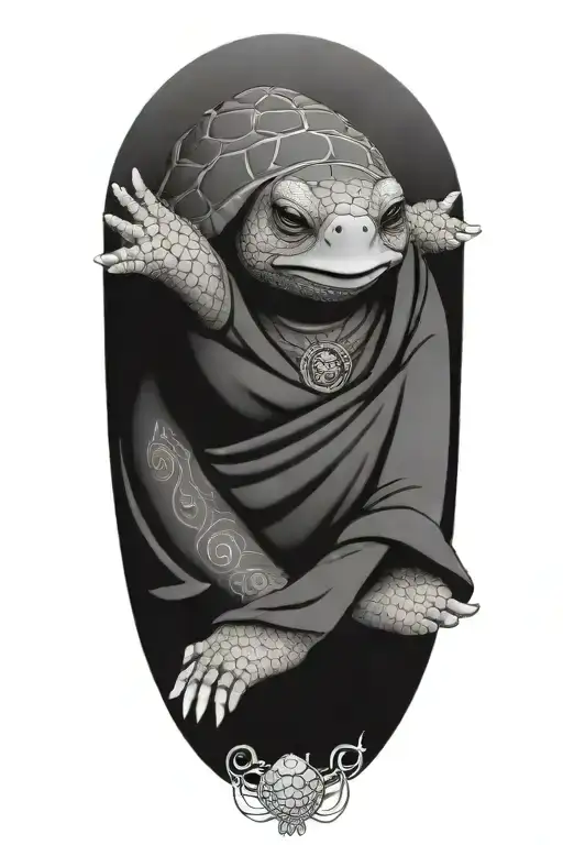 Buddhist Turtle Is A Monk, wearing a Cape, Beaded Necklace. Praying Hands. Eyes Closed. Smiling, Peace, surrounding aura tattoo design idea