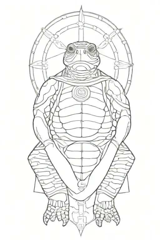 Buddhist turtle wearing cape and beaded necklace. praying. Eyes closed.  Smiling at peace Surrounding rays of light tattoo design idea