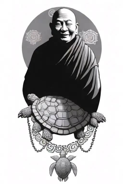 Buddhist Turtle Is A Monk, wearing a Cape, Beaded Necklace. Praying Hands. Eyes Closed. Smiling, Peace, surrounding aura tattoo design idea