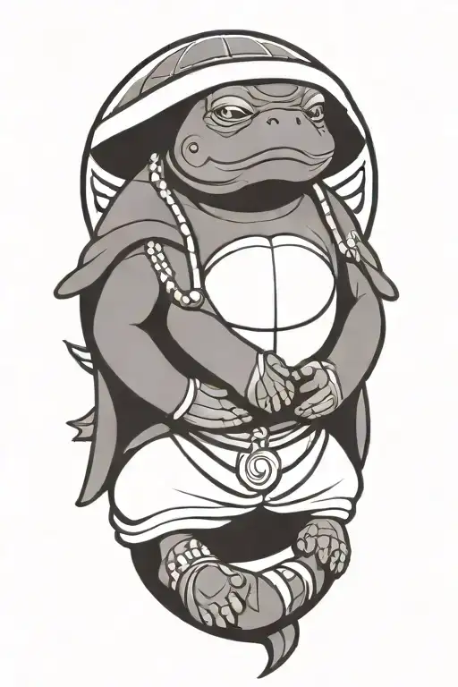 Buddhist Turtle Is A Monk, wearing a Cape, Beaded Necklace. Praying Hands. Eyes Closed. Smiling, Peace, surrounding aura tattoo design idea