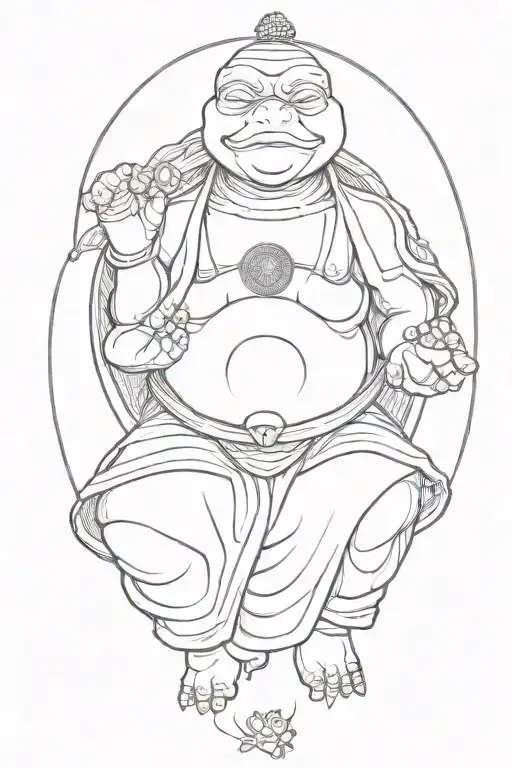 Buddhist Turtle Is A Monk, Cape, Beaded Necklace. Praying Hands. Eyes Closed. Smiling, Peace. Surrounding aura tattoo design idea