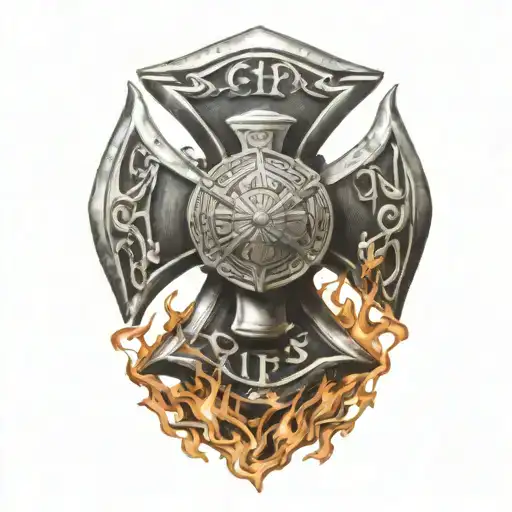  strength,  firefighter, IAFF Maltese cross, flames, warrior  tattoo design idea