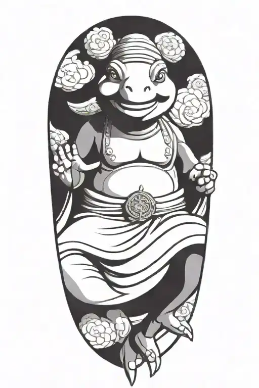 Buddhist Turtle Is A Monk, wearing a Cape, Beaded Necklace. Praying Hands. Eyes Closed. Smiling, Peace, surrounding aura tattoo design idea