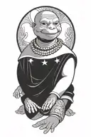 Buddhist Turtle Is A Monk, wearing a Cape, Beaded Necklace. Praying Hands. Eyes Closed. Smiling, Peace, surrounding aura tattoo design idea