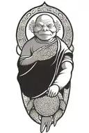 Buddhist Turtle Is A Monk, wearing a Cape, Beaded Necklace. Praying Hands. Eyes Closed. Smiling, Peace, surrounding aura tattoo design idea