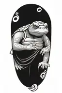 Buddhist Turtle Is A Monk, wearing a Cape, Beaded Necklace. Praying Hands. Eyes Closed. Smiling, Peace, surrounding aura tattoo design idea