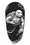 Buddhist Turtle Is A Monk, wearing a Cape, Beaded Necklace. Praying Hands. Eyes Closed. Smiling, Peace, surrounding aura tattoo design idea