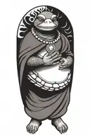 Buddhist Turtle Is A Monk, wearing a Cape, Beaded Necklace. Praying Hands. Eyes Closed. Smiling, Peace, surrounding aura tattoo design idea