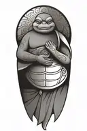 Buddhist Turtle Is A Monk, wearing a Cape, Beaded Necklace. Praying Hands. Eyes Closed. Smiling, Peace, surrounding aura tattoo design idea