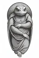 Buddhist Turtle Is A Monk, wearing a Cape, Beaded Necklace. Praying Hands. Eyes Closed. Smiling, Peace, surrounding aura tattoo design idea