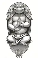 Buddhist Turtle Is A Monk, wearing a Cape, Beaded Necklace. Praying Hands. Eyes Closed. Smiling, Peace, surrounding aura tattoo design idea