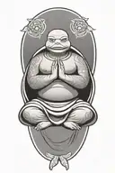 Buddhist Turtle Is A Monk, wearing a Cape, Beaded Necklace. Praying Hands. Eyes Closed. Smiling, Peace, surrounding aura tattoo design idea