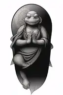 Buddhist Turtle Is A Monk, wearing a Cape, Beaded Necklace. Praying Hands. Eyes Closed. Smiling, Peace, surrounding aura tattoo design idea