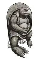 Buddhist Turtle Is A Monk, wearing a Cape, Beaded Necklace. Praying Hands. Eyes Closed. Smiling, Peace, surrounding aura tattoo design idea