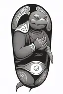 Buddhist Turtle Is A Monk, wearing a Cape, Beaded Necklace. Praying Hands. Eyes Closed. Smiling, Peace, surrounding aura tattoo design idea
