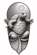 Buddhist Turtle Is A Monk, wearing a Cape, Beaded Necklace. Praying Hands. Eyes Closed. Smiling, Peace, surrounding aura tattoo design idea