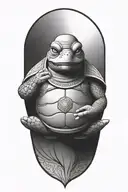 Buddhist Turtle Is A Monk, wearing a Cape, Beaded Necklace. Praying Hands. Eyes Closed. Smiling, Peace, surrounding aura tattoo design idea