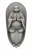 Buddhist Turtle Is A Monk, wearing a Cape, Beaded Necklace. Praying Hands. Eyes Closed. Smiling, Peace, surrounding aura tattoo design idea