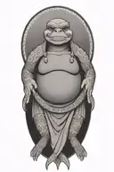 Buddhist Turtle Is A Monk, wearing a Cape, Beaded Necklace. Praying Hands. Eyes Closed. Smiling, Peace, surrounding aura tattoo design idea
