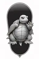 Buddhist Turtle Is A Monk, wearing a Cape, Beaded Necklace. Praying Hands. Eyes Closed. Smiling, Peace, surrounding aura tattoo design idea