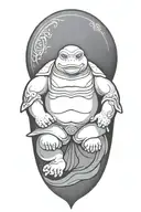 Buddhist Turtle Is A Monk, wearing a Cape, Beaded Necklace. Praying Hands. Eyes Closed. Smiling, Peace, surrounding aura tattoo design idea