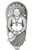 Buddhist Turtle Is A Monk, wearing a Cape, Beaded Necklace. Praying Hands. Eyes Closed. Smiling, Peace, surrounding aura tattoo design idea