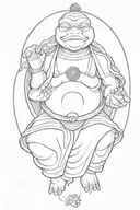 Buddhist Turtle Is A Monk, Cape, Beaded Necklace. Praying Hands. Eyes Closed. Smiling, Peace. Surrounding aura tattoo design idea