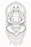 Buddhist Turtle Is A Monk, Cape, Beaded Necklace. Praying Hands. Eyes Closed. Smiling, Peace. Surrounding aura tattoo design idea