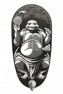 Buddhist Turtle Is A Monk, wearing a Cape, Beaded Necklace. Praying Hands. Eyes Closed. Smiling, Peace, surrounding aura tattoo design idea