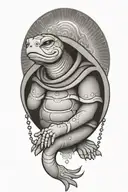 Buddhist Turtle Is A Monk, wearing a Cape, Beaded Necklace. Praying Hands. Eyes Closed. Smiling, Peace, surrounding aura tattoo design idea