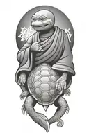 Buddhist Turtle Is A Monk, wearing a Cape, Beaded Necklace. Praying Hands. Eyes Closed. Smiling, Peace, surrounding aura tattoo design idea