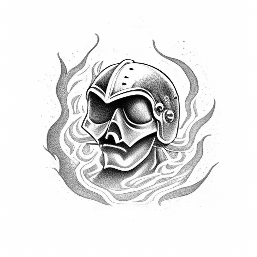Damaged helmet of an ancient warrior in hell surrounded by fire tattoo design idea