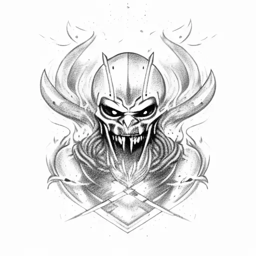 Damaged spartan warrior in hell surrounded by fire tattoo design idea