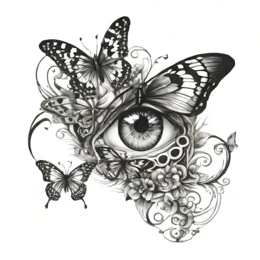 Eyes and butterflies with abstraction tattoo design idea