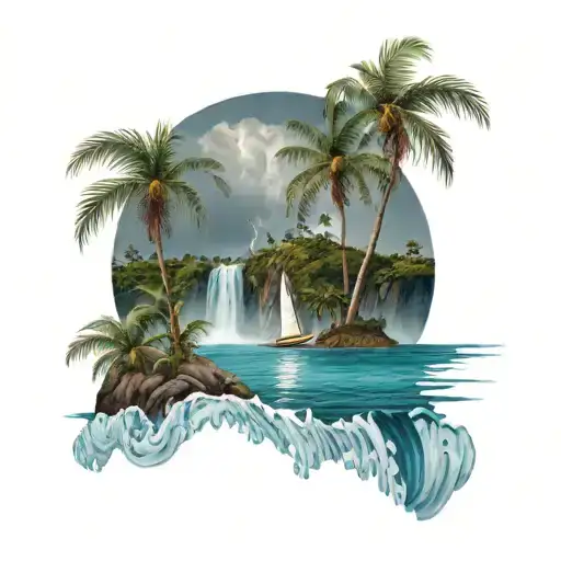 ocean with rainstorm, a small sailboat in water. island in background with palm trees and waterfall.  tattoo design idea