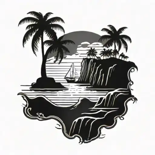 ocean with rainstorm, a small sailboat in water. island in background with palm trees and waterfall.  tattoo design idea
