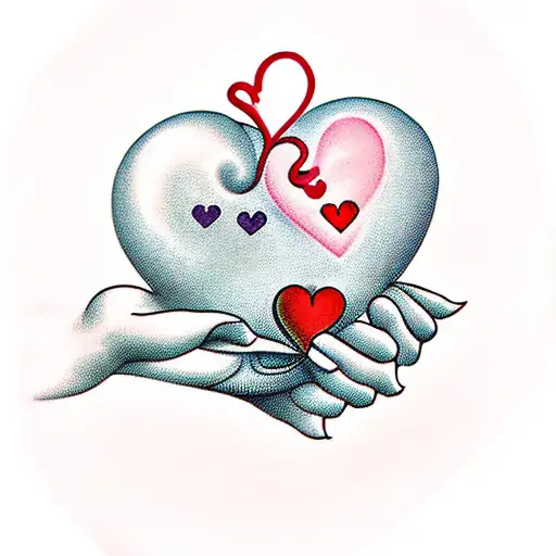 A strong hand holding a heart-shaped balloon filled with love tattoo design idea