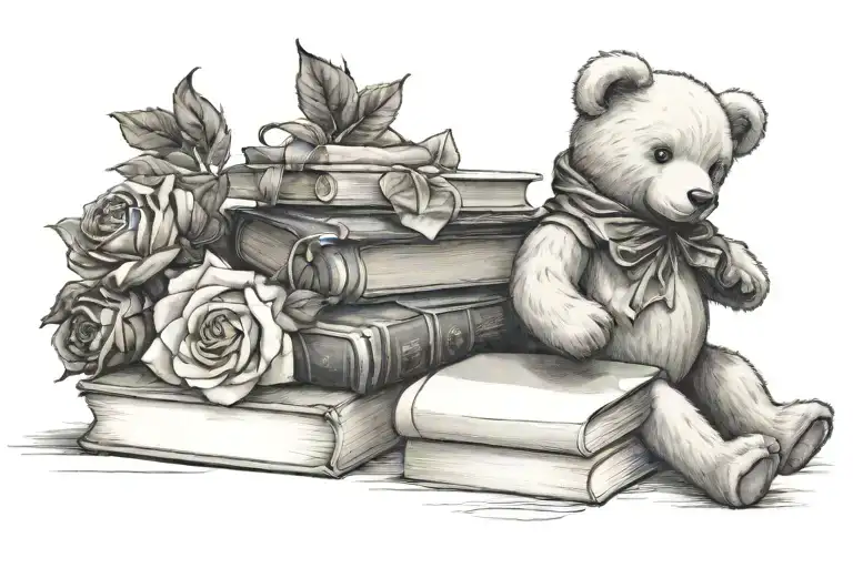 white rose and teddy bear sitting next to stack of books tattoo design idea