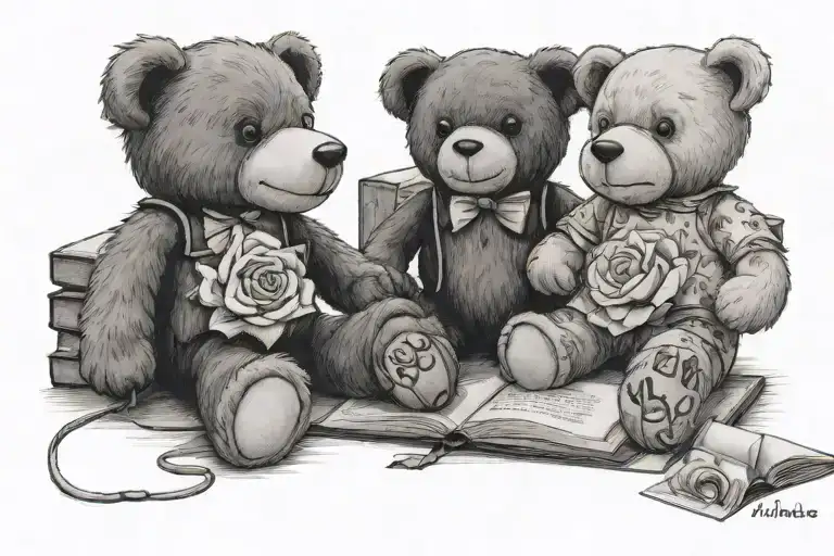 Teddy bear sat next to a book tgat says Matilda on the front with a white rose laying beside them tattoo design idea