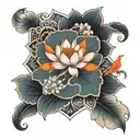 Symmetrical lotus in middle with orange japanese cranes  tattoo design idea