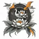 Symmetrical lotus in middle with orange japanese cranes  tattoo design idea