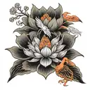 Symmetrical lotus in middle with orange japanese cranes  tattoo design idea