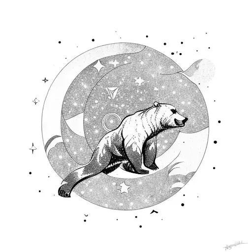 A cosmic tattoo depicting a bear reaching for the stars while swimming alongside a salmon tattoo design idea